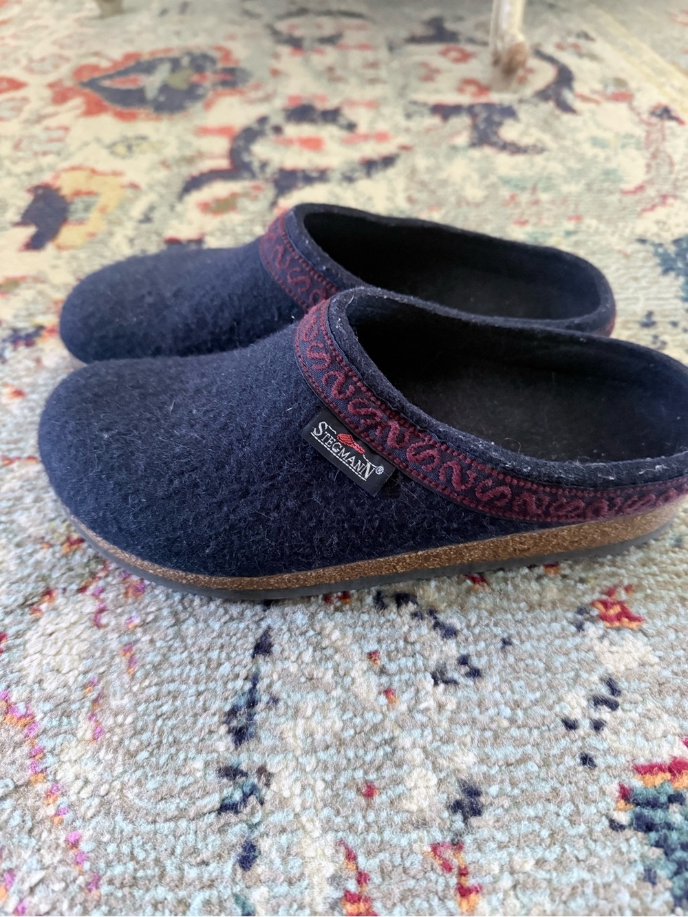 Stegmann Navy Wool Clog Mules with Decorative Trim